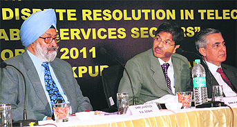 Former Chief Justice of Allahabad High Court Justice SS Sodhi (left), Telecom Disputes Settlement and Appellate Tribunal Member PK Rastogi (centre) and Supreme Court Judge Justice TS Thakur at a seminar on the regulatory framework and disputes resolution in telecom, broadcasting and cable services sectors, in Chandigarh on Saturday.