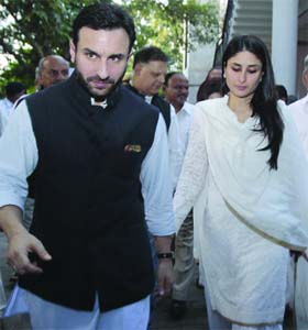 Actors Saif Ali Khan and Kareena Kapoor attend a prayer meeting for Khans late father Mansoor Ali Khan Pataudi in New Delhi on Saturday