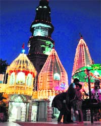 A temple decorated on the occasion of Navratri festival in Karnal