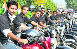 Bikers from the Iron Hawks club in Jammu on Saturday ready to move to the Wagah border in Amritsar