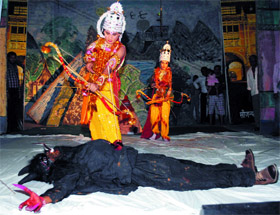 Lord Rama slays Tadka during the Ram Lila organised at the SSD Boys School in Bathinda late on Saturday evening.