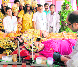 Ramlila characters donate blood at a camp in Chandigarh on Sunday