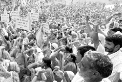 Members of the Democratic Mid-Day Meal Cook Front, Punjab, stage a dharna in support of their demands at Amb Sahib Gurdwara in Phase 8, Mohali, on Sunday