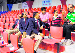 Empty stands at a multi-purpose hall of Maharana Partap Sports College in Dehradun on Sunday