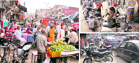 Shopkeepers have encroached upon land outside their shops in Field Gunj area; (right) two-wheelers parked on a road in the scooter market; and (below) vehicles pass through a congested road in Ghumar Mandi.