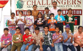 Students from Bathinda pose with their prizes they won in the Challengers National Abacus Contest. 