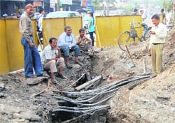 Telephone lines have been disrupted since Saturday due to unplanned digging by Jal Nigam officials to lay a sewer. Telephone cables were cut in the Survey chowk area in Dehradun