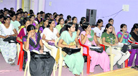 Students attend a workshop on personality development at Maharaja Agrasen College for Women in Jhajjar.