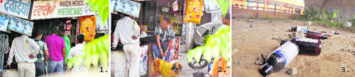 Youths gather around a chemist shop near the bus stand in Ludhiana; a youth conceals a bottle of cough syrup in his socks; and empty cough syrup bottles lie strewn in a park near the bus stand.