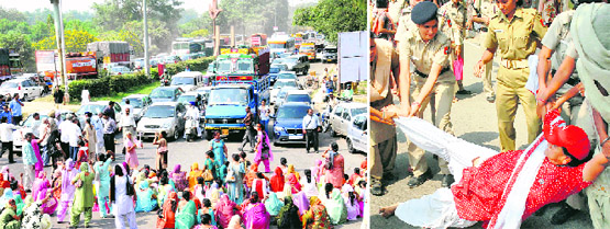 Aanganwari workers of Punjab block entry to Chandigarh on the Chandigarh-Ambala highway; and (right) an aanganwari worker being dragged by the police at the Sector 35 roundabout in Chandigarh on Tuesday.