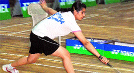 A player from Haryana plays a shot during a badminton match held at Panjab University on Tuesday.