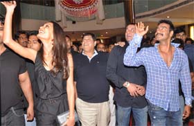 Bollywood actors (from left) Lisa Hayden, Ajay Devgan and Sanjay Dutt at a promotion function of their new movie Rascals in Gurgaon.