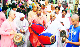 Devotees participate in the Shri Jagannath rath yatra in Dharamsala.