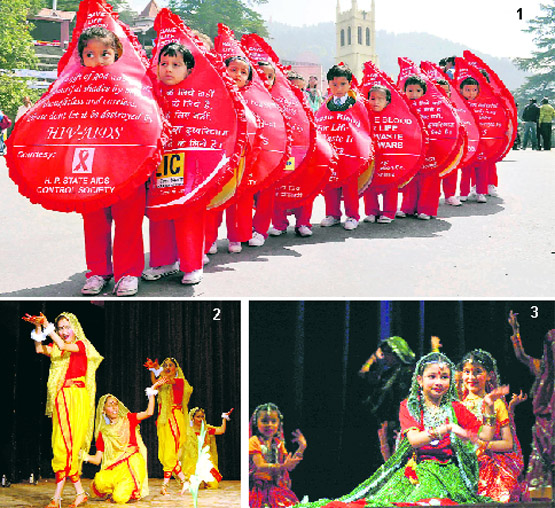 1. Tiny tots spread awareness on blood donation at the Ridge; 2.Students of Himalaya Public School give a performance during the annual concert at the Gaiety Theatre; and 3. Children perform during a cultural programme at Auckland House School in Shimla.
