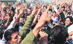 Protest outside Assembly too: PDP supporters shout slogans against Assembly speaker Mohammad Akbar Lone for allegedly using abusive language against legislator Moulvi Iftikhar Hussain Ansari, in Srinagar