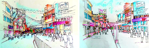 An artists version of the new face of the city before and after the introduction of the Personal Rapid Transit System (PRTS)