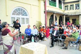 A writer reads out a poem at the Writers Festival in Mussoorie on Wednesday.