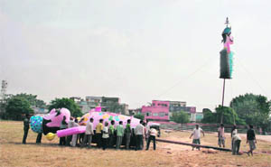An effigy of Ravana being readied on the eve of Dasehra in Jammu on Wednesday. 