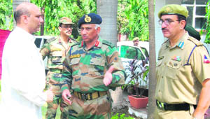 Union Minister of State for Defence MM Pallam Raju (extreme left) being welcomed at the project Sampark headquarters in Jammu on Wednesday.