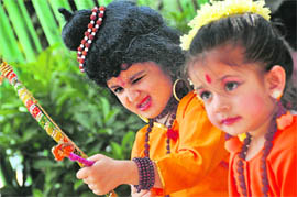 Students of ABC Montessori School enact the roles of Lord Rama and Sita during Dasehra celebration in Ludhiana