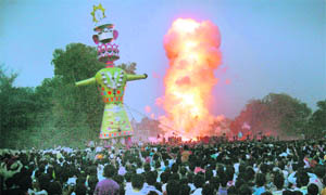 People gather in the Kila Parade Ground to watch the burning of the effigies of Ravana, Kumbhkaran and Meghnath. 