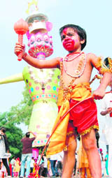 Five-year-old Uma Shankar strikes a pose in his Bal Hanuman avatar