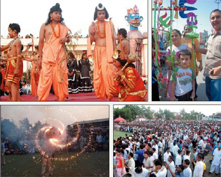 (Clockwise from above) The characters of Rama, Laxmana and Hanumana during the Ramlila at the MSD school in Bathinda on Thursday; Kids with toy swords and mace during the Dussehra celebrations; Fireworks being displayed at the fair; a big crowd watches the burning of the effigies of Ravana, Kumbhkarna and Meghnad