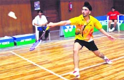 Rupinder Singh of Chandigarh on his way to upset 2nd seed Shreyansh Jaiswal during the 21st Krishna Khaitan Memorial All-India Junior Ranking Prize Money Badminton Tournament under 17 at the Punjab Gymansium on Thursday.