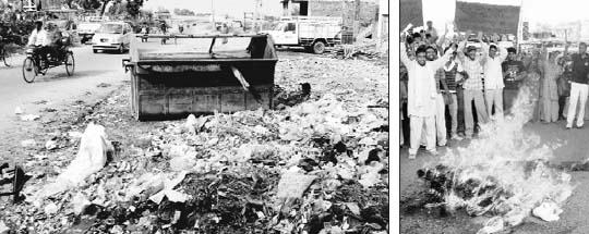 Garbage strewn around a bin near the old police station at Zirakpur; and (right) members of the Government Employees Union and the Valmiki Naujawan Sabha stage a protest against the state government at the Zirakpur-Patiala traffic lights on Thursday. 