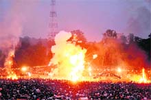 The effigy of Ravan goes up in flames marking the victory of good over evil at the Dasehra festival in Dehradun on Thursday. 