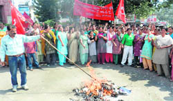 Anganwari workers burn an effigy of the government in Dehradun