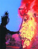 An effigy of Ravana set on fire at Gandhi Nagar in Jammu on Thursday. 