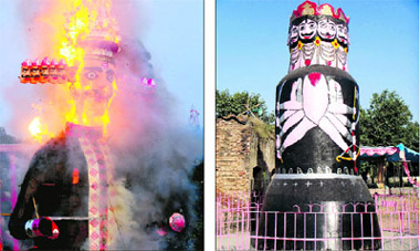 An effigy of Ravana being burnt on the occasion of Dasehra in Ludhiana on Thursday; and (right) the idol of Ravana which is worshipped at Payal village