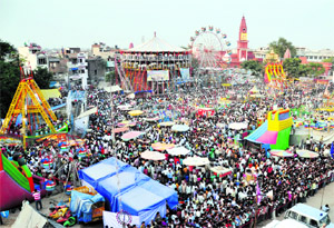 An aerial view of the Dasehra Mela at the Daresi ground