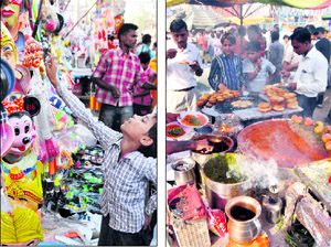 A boy selects a toy; and (right) People enjoy snacks