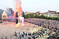 An effigy of Ravana goes up in flames to mark the conclusion of Dasehra Mela in Ludhiana on Thursday