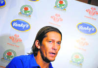 Blackburn Rovers Michel Salgado speaks during a press conference at a hotel in Pune on Thursday. 