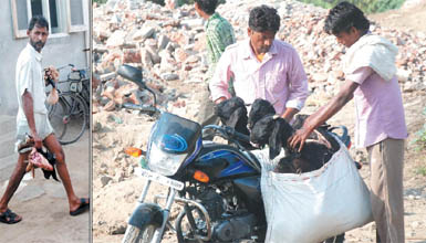 (Left) A man leaves with the severed heads of goats and other body parts from slaughterhouse; (above) goats being taken for butchering in a cruel manner. 