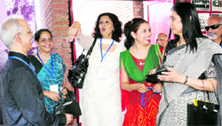 Alumni of the Chandigarh College of Architecture share their memories during the colleges golden jubilee celebrations in Chandigarh on Friday