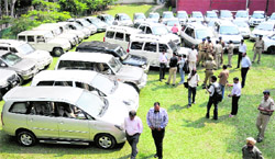 A view of the 42 vehicles, mostly SUVs, recovered by the UT police from a gang of vehicle lifters, parked at the Chandigarh Police lines in Sector 26 on Friday