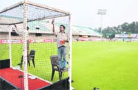 The Surjit Hockey Stadium being decked up for the tournament in Jalandhar.