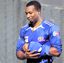 Kieron Pollard of MI leaves after getting injured during a practice session in Chennai on Thursday.  PTI