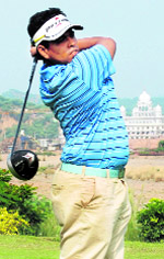 Sri Lankas Mithun Perera tees off at the Haryana Open in Panchkula on Friday.