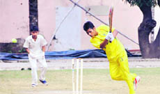 A batsman plays a shot in the Shri Rohitash Singh Memorial Inter-school Boys Cricket Tournament in Dehradun on Friday. 