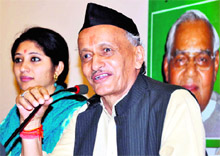 BJP Rajya Sabha member BS Koshiyari addresses a press conference in Dehradun on Saturday