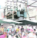 Selling points set up beneath the power transformers at Rainak Bazaar in Jalandhar. 