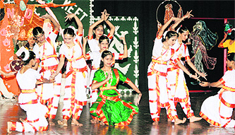 Students of Jawahar Navodaya Vidyalaya, Nud in Samba district, perform during the closing ceremony of the Regional Cultural Meet in Jammu on Saturday. 