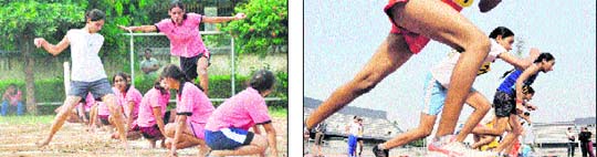 Girls participate in a kho-kho match and an athletics event at Guru Nanak Stadium in Ludhiana on Saturday. 