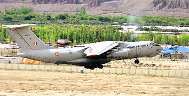 An IL-76 takes off from the Leh airbase located at an altitude of 11,000 feet. Night-landing facilities are being created at such bases