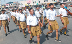 Members of the RSS take out a march to mark the Foundation Day function of the organisation in Bathinda on Sunday